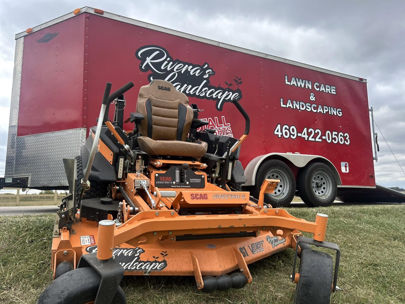 Rivera's Landscape crew trailer and commercial zero-turn mower.