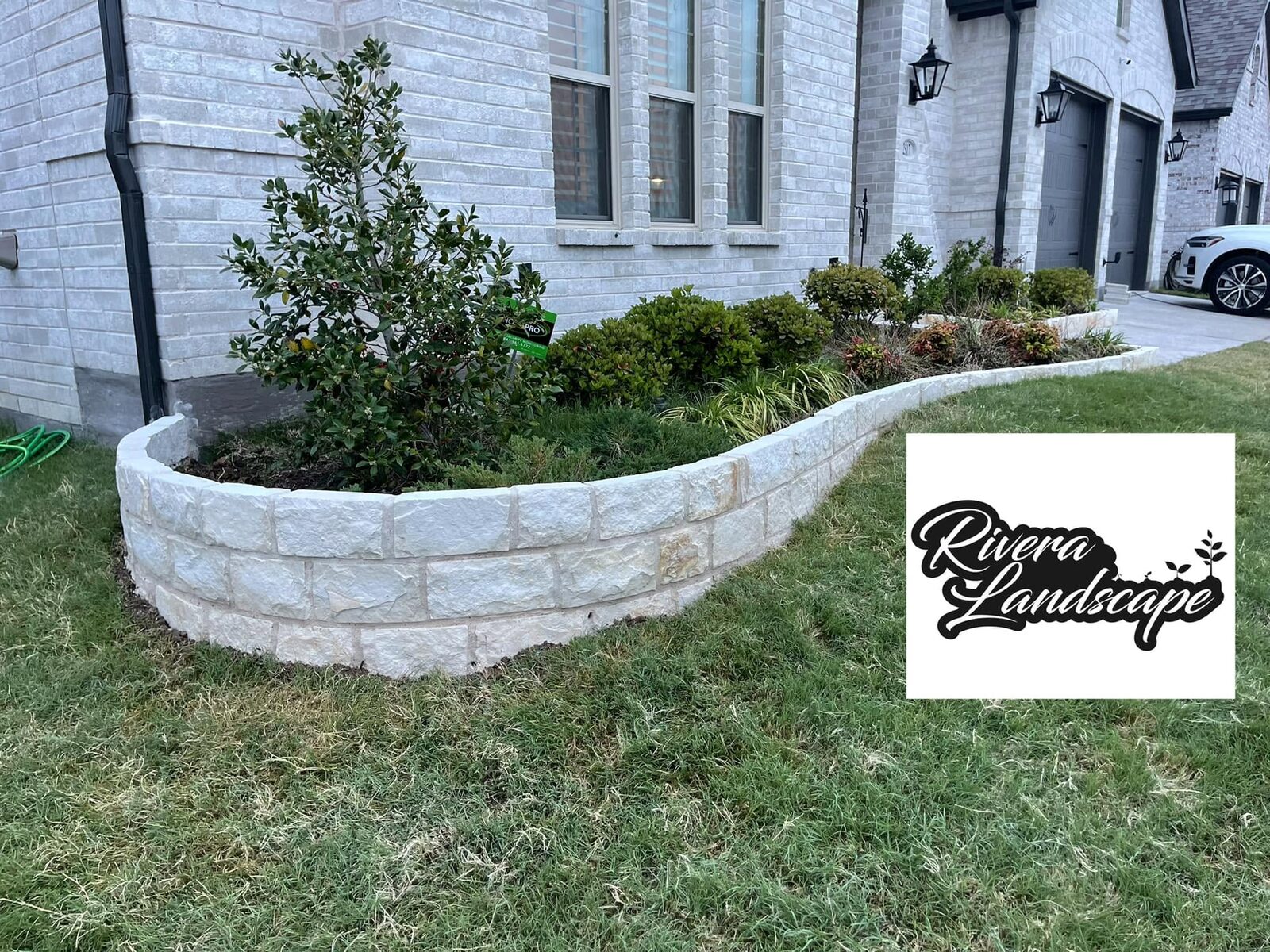 Curved stone retaining wall with fresh sod and a new tree.