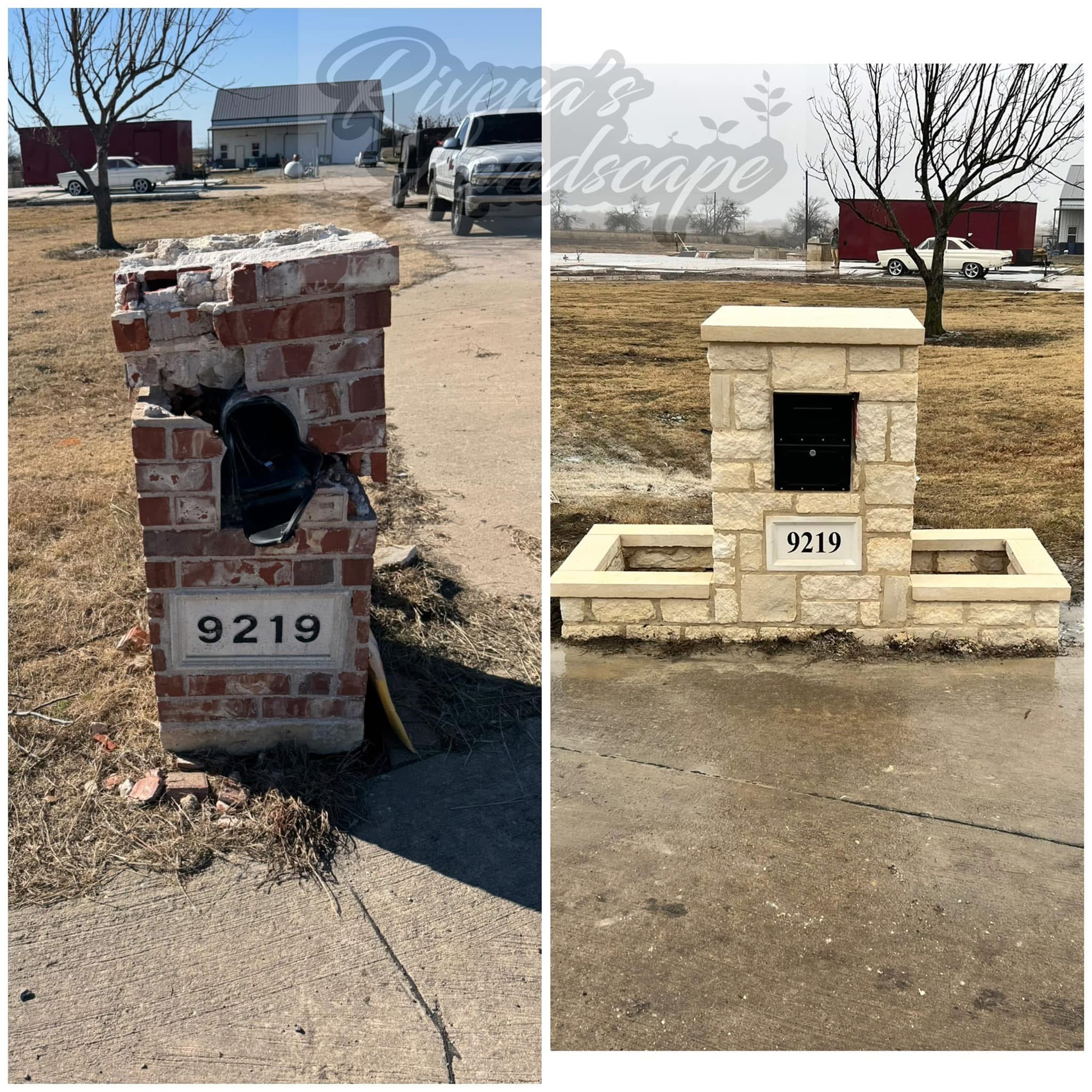 Complete mailbox transformation from damaged brick to elegant Austin stone with integrated planters.